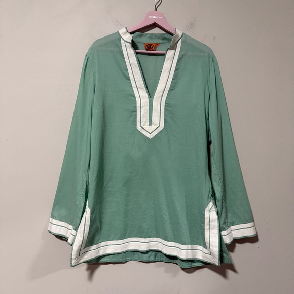 Tory Burch Mint Green & White Long Sleeve Tunic Size 14 - Picture 2 of 9